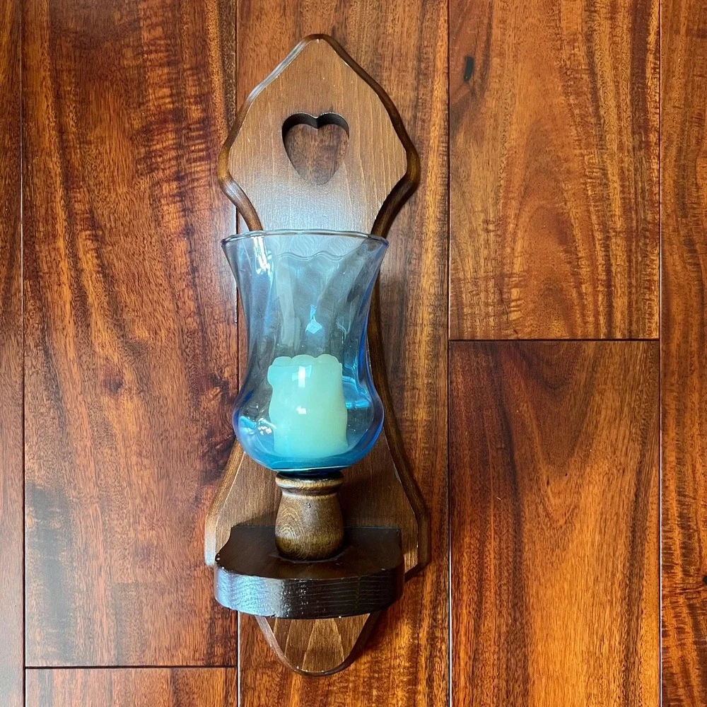 Vtg Wooden heart Wall Sconce Blue Glass Hurricane Shade Farmhouse Candle Holder